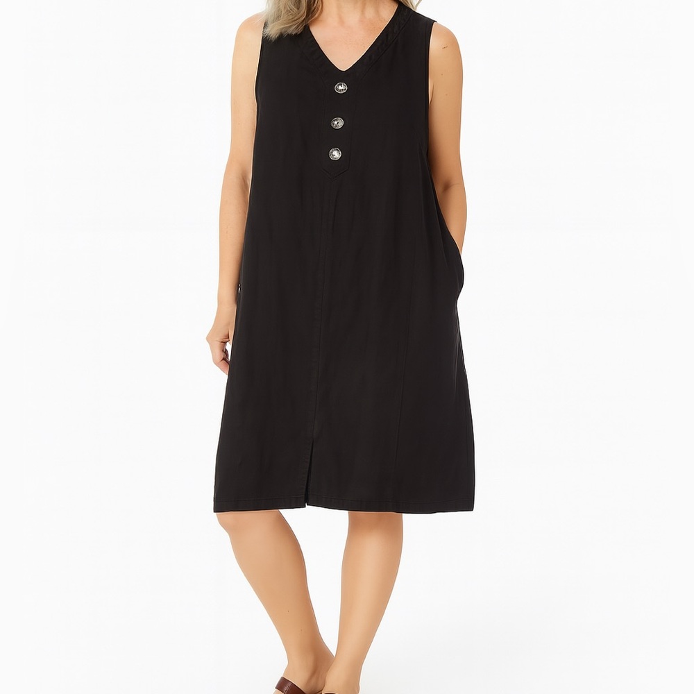 Alessia Pacini Sleeveless Black Linen Dress with V-Neck & Front Slit Size 3X